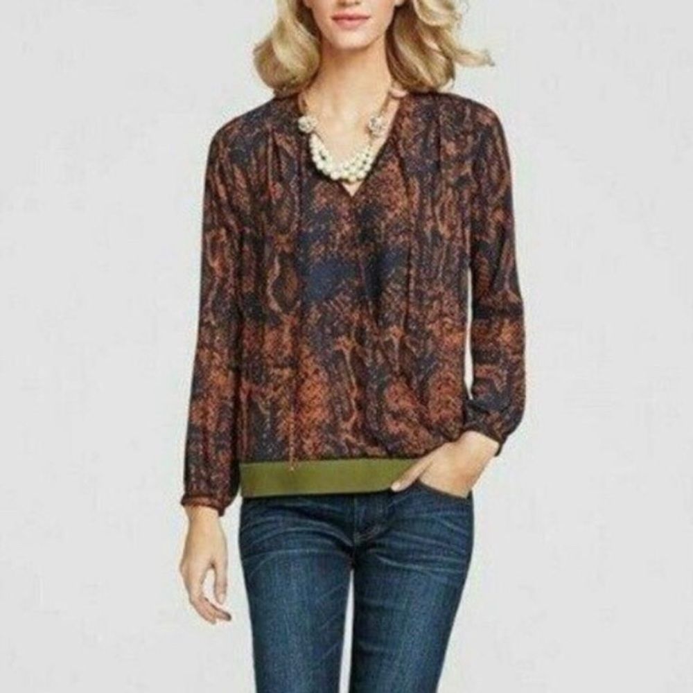 CAbi Orange Blue 101 Border Wrap Snake Print Blouse